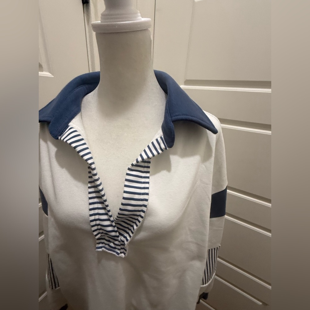 Hazel Blues. Color Block Johnny Color Long Sleeve Sweatshirt. Blue/White. Small. - Picture 7 of 10